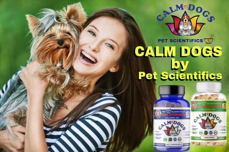 Image of CALM DOGS® supplement bottle, the best calming aid for dogs by Pet Scientifics®