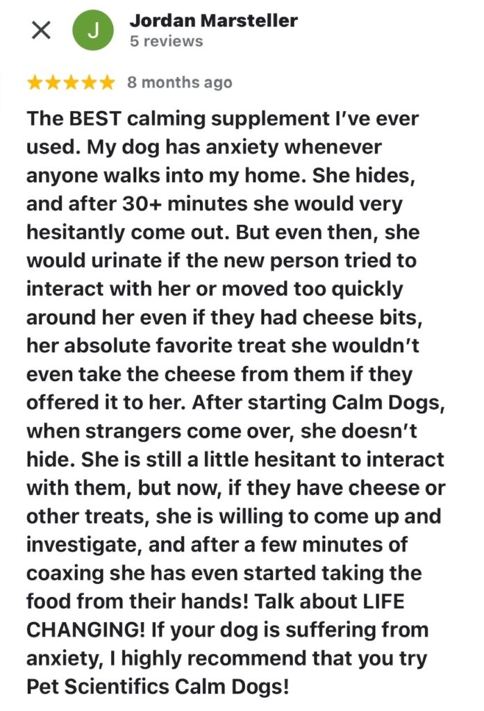 Dog anxiety improvement with CALM DOGS® calming supplement